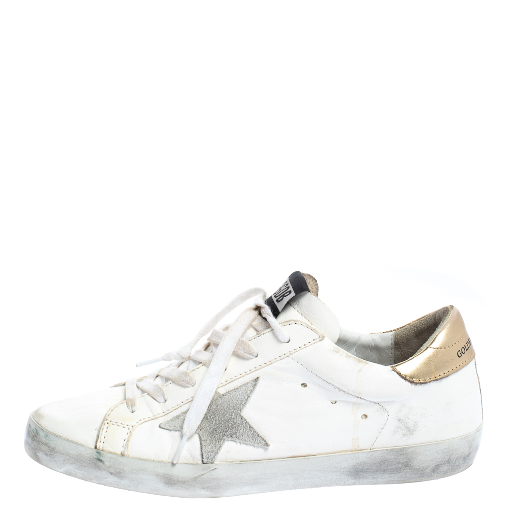

Golden Goose White/Gold Leather Superstar Low Top Sneakers Size