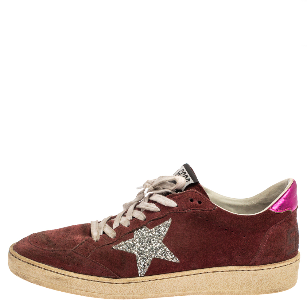 

Golden Goose Burgundy Suede Leather And Glitter Ball Star Lace Up Sneakers Size