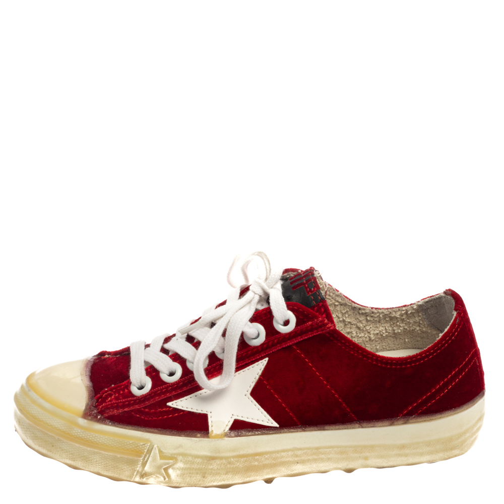 

Golden Goose Red Velvet And Leather V Star 2 Low Top Sneakers Size