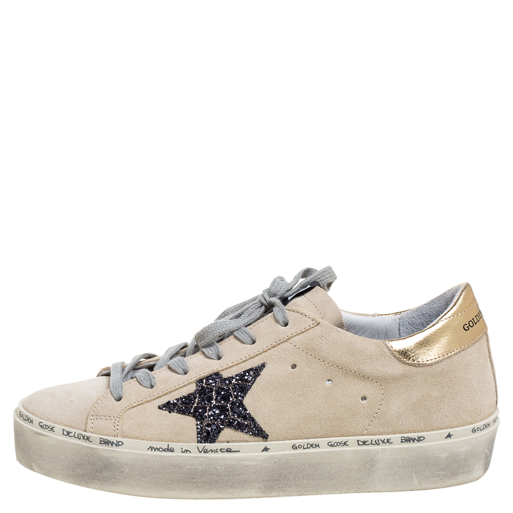 

Golden Goose Cream Suede Glitter Star Low Top Sneakers Size
