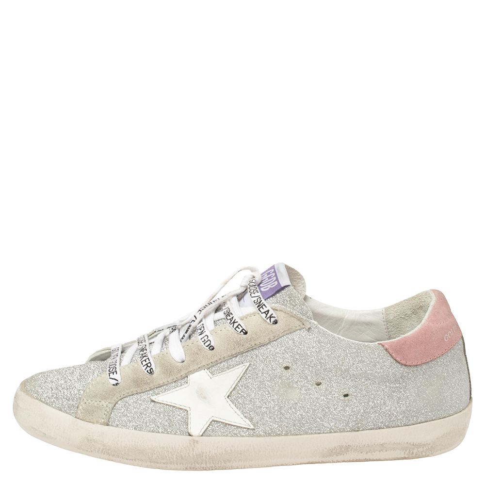 

Golden Goose Silver/White Glitter And Suede SuperStar Sneakers Size