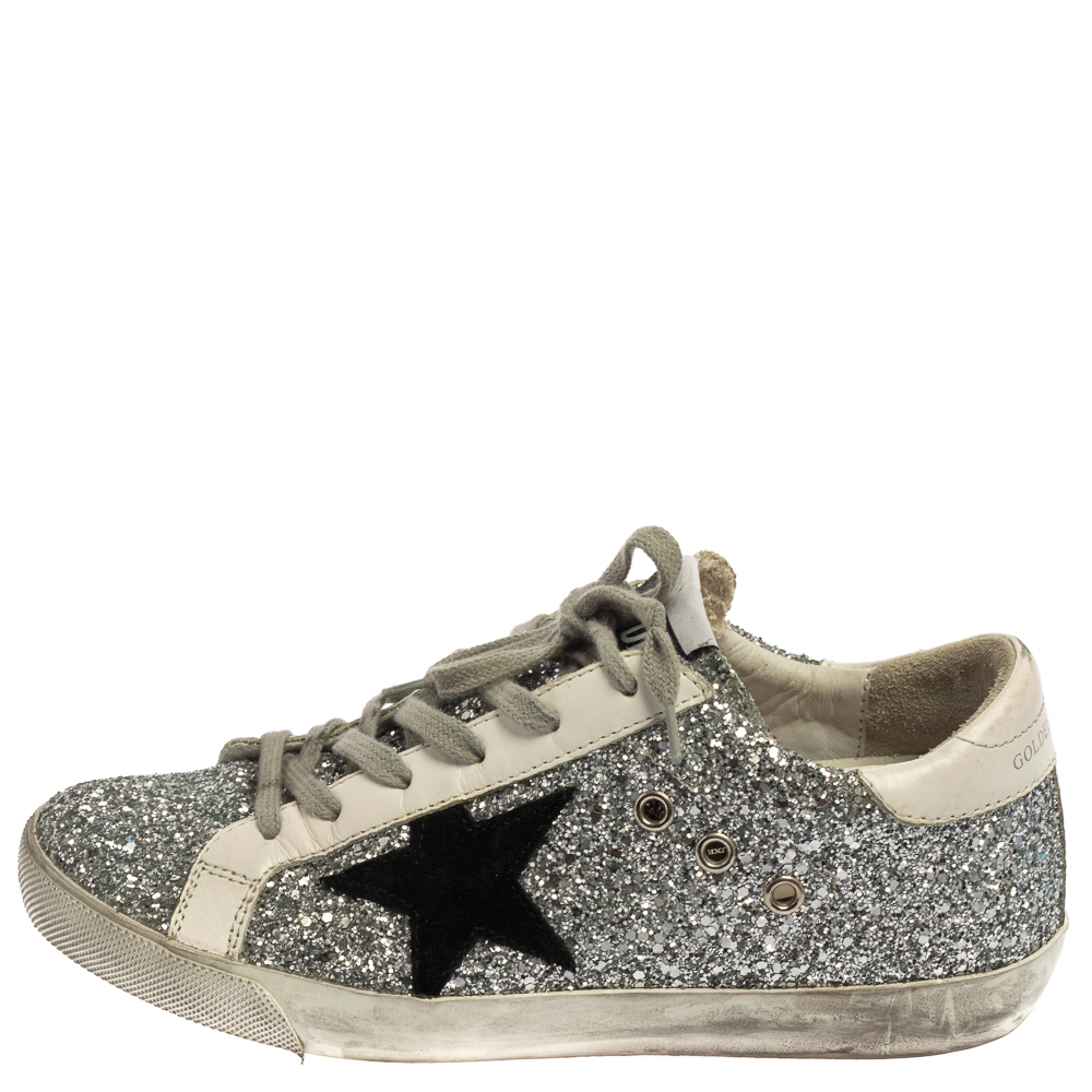 

Golden Goose Silver/White Glitter And Leather Superstar Sneakers Size