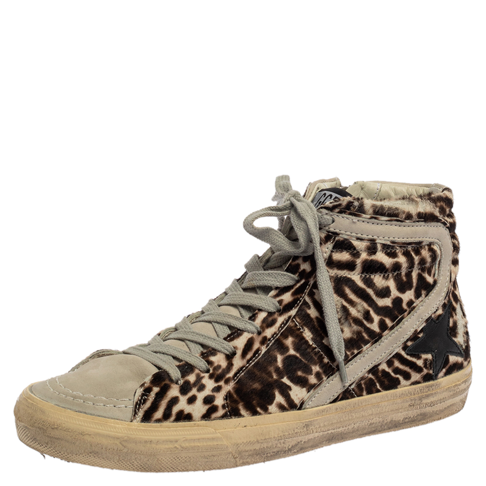 Pre-owned Golden Goose Grey/brown Animal Print Calf Hair And Suede Star High Top Sneakers Size 40