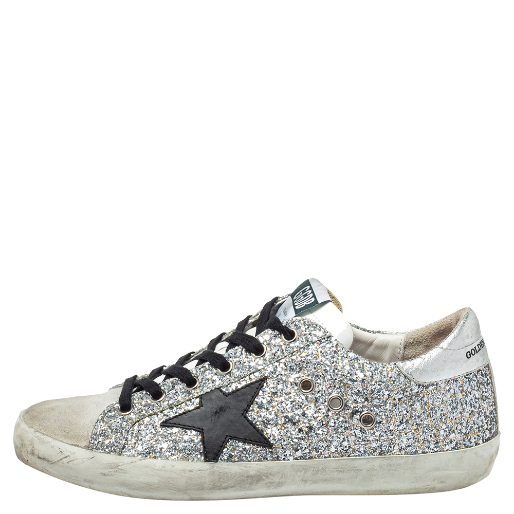 

Golden Goose Silver Glitter And Suede Superstar Sneakers Size