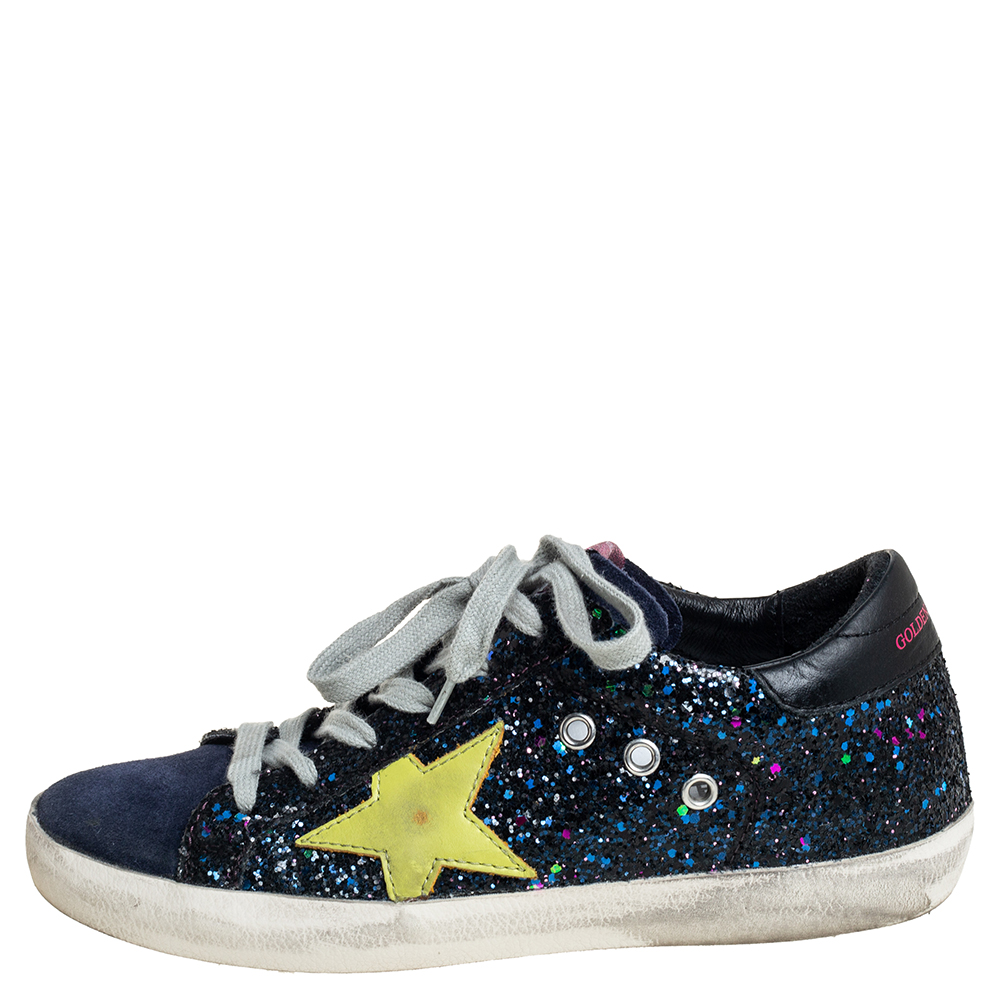 

Golden Goose Navy Blue Suede And Glitter Super Star Sneakers Size