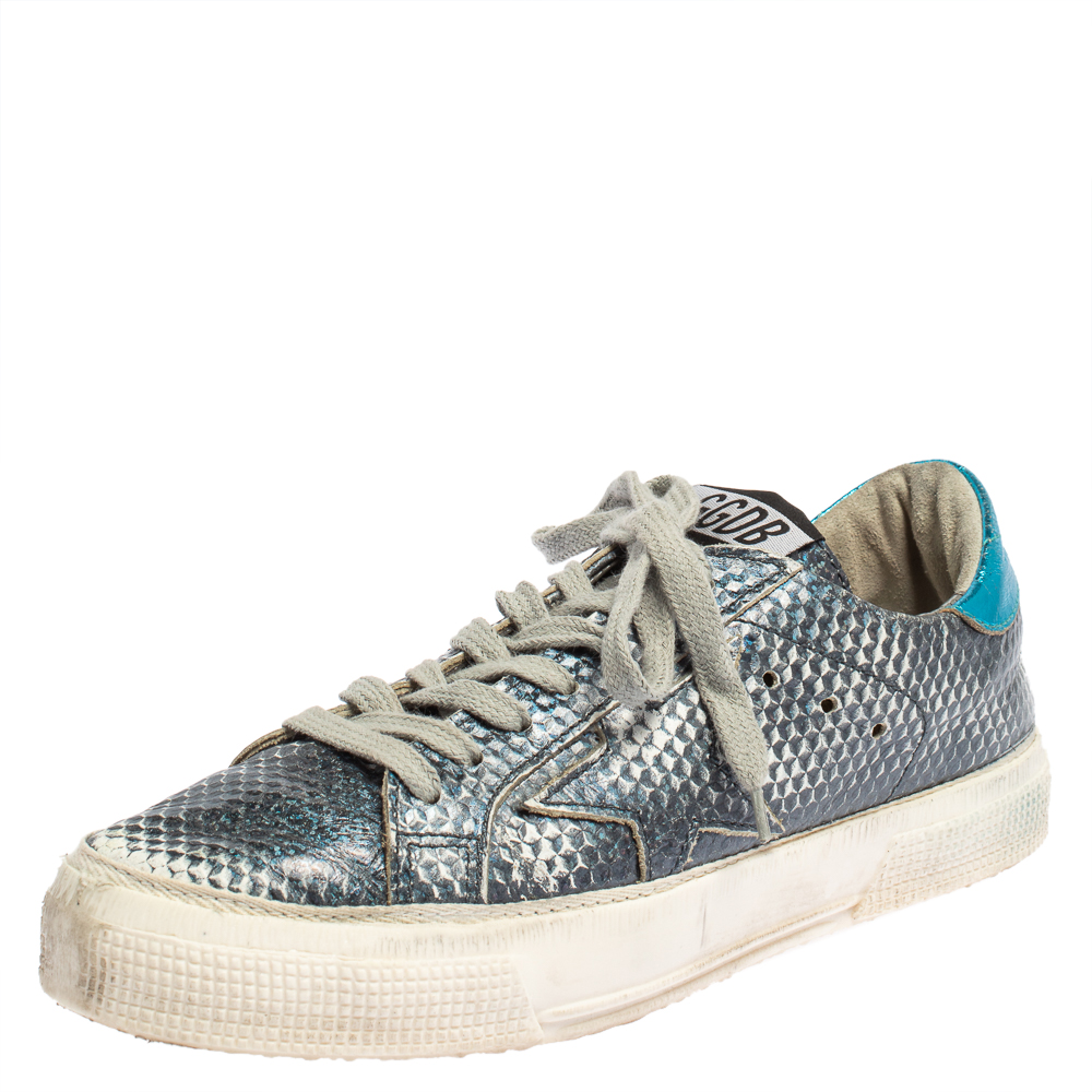 Pre-owned Golden Goose Metallic Blue Snake Embossed Leather Sneakers Size 37