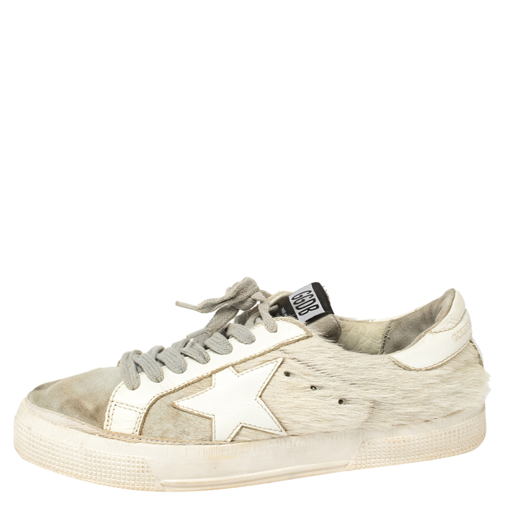 

Golden Goose White/Grey Distressed Suede And Pony Hair Lace Up Sneakers Size