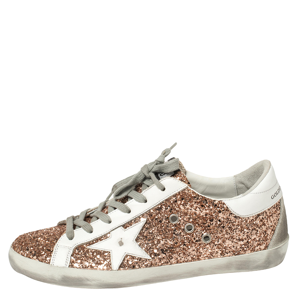 

Golden Goose Rose Gold Glitter and Leather Superstar Sneakers Size, White
