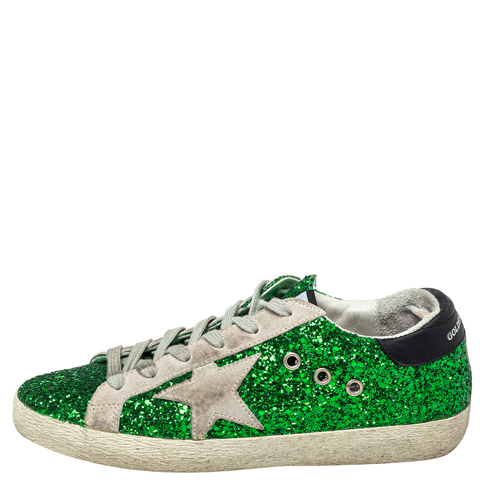 

Golden Goose Green Glitter And Suede Superstar Low Top Sneakers Size