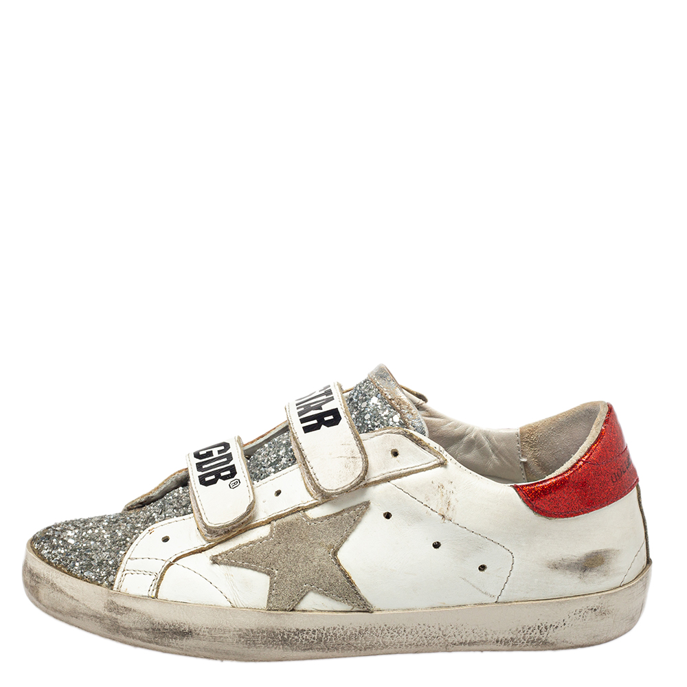 

Golden Goose White/Silver Glitter And Leather Old School Sneakers Size