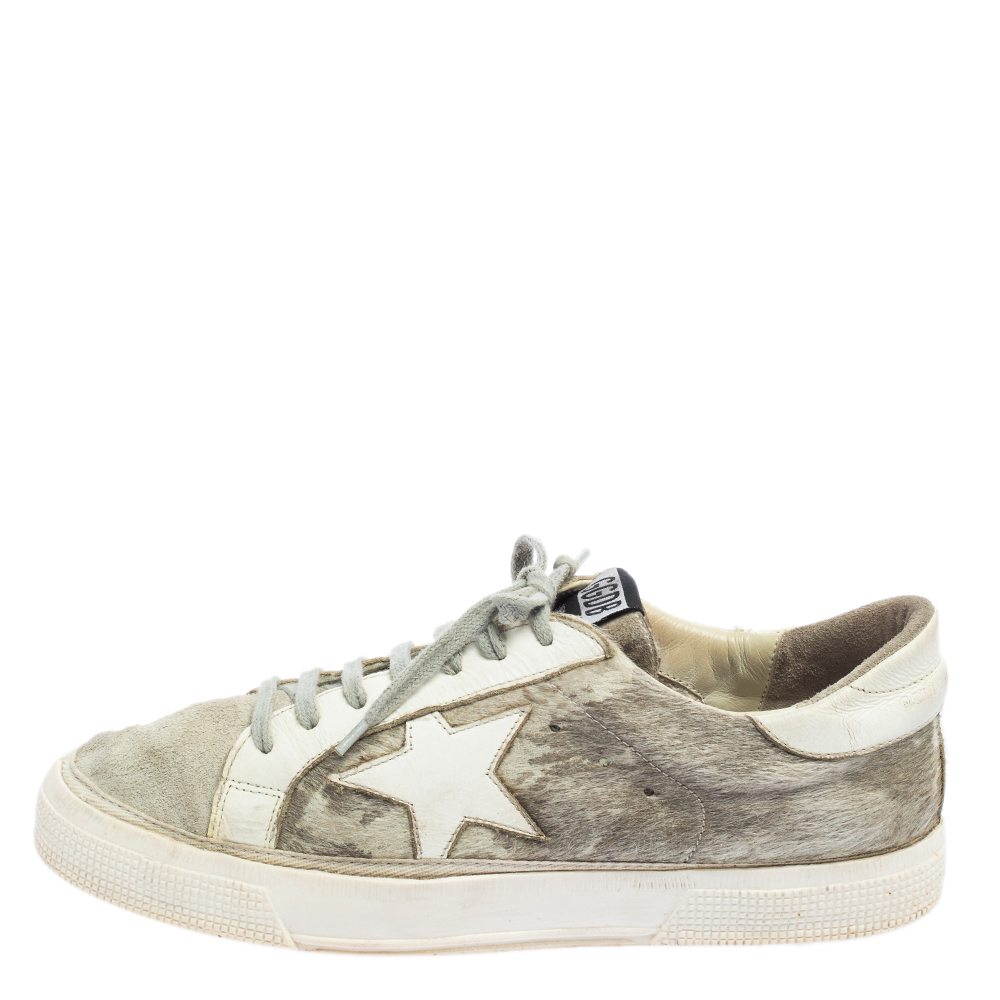 

Golden Goose White/Grey Distressed Suede And Pony Hair May Lace Up Sneakers Size