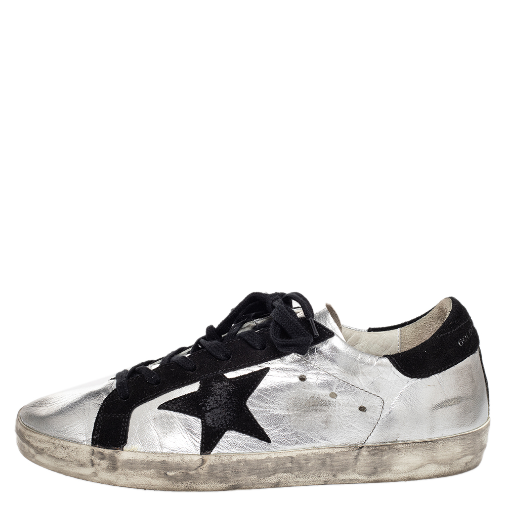 

Golden Goose Silver/Black Metallic Leather And Suede Superstar Sneakers Size