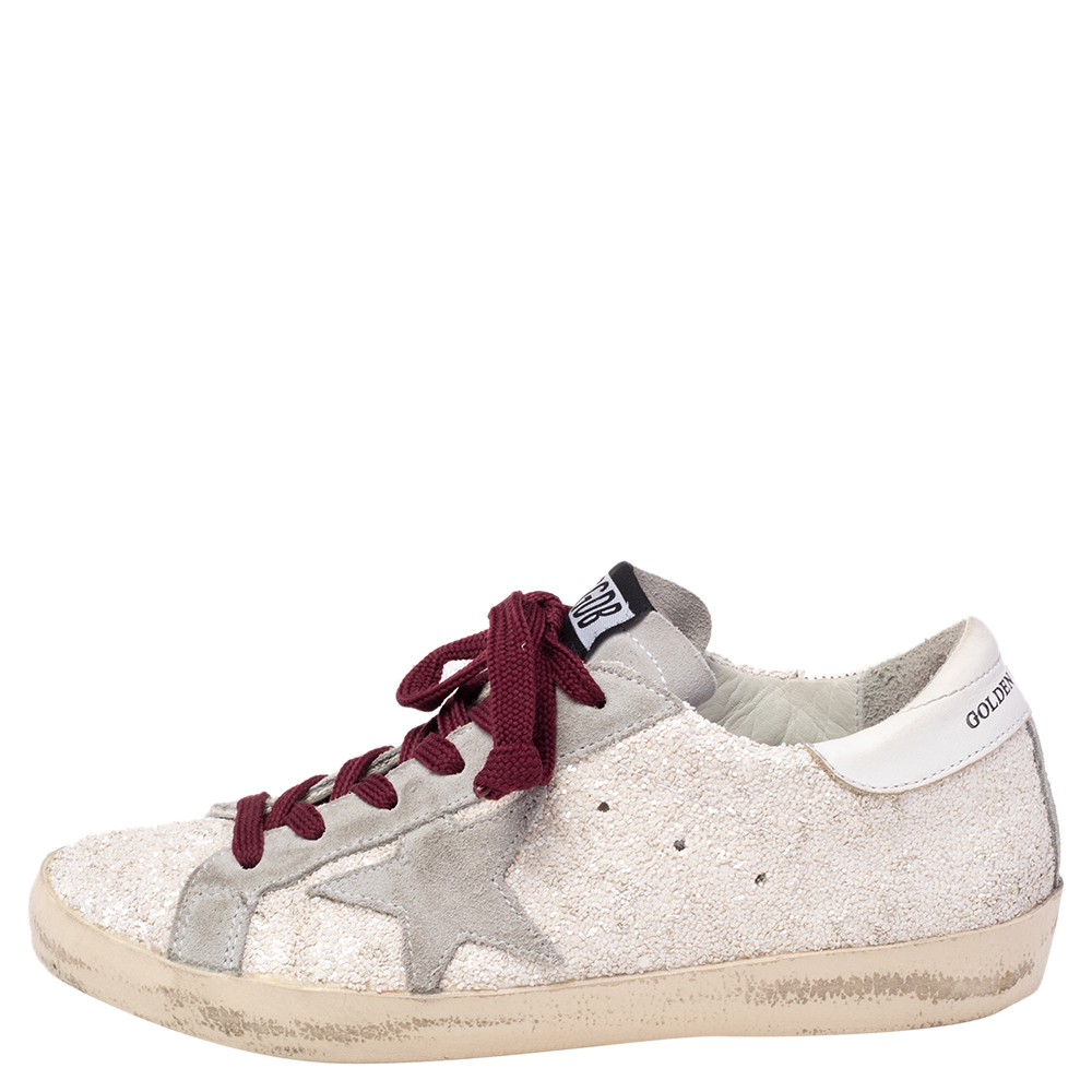 

Golden Goose Vanilla/Grey Glitter and Suede Superstar Low Top Sneaker Size, White