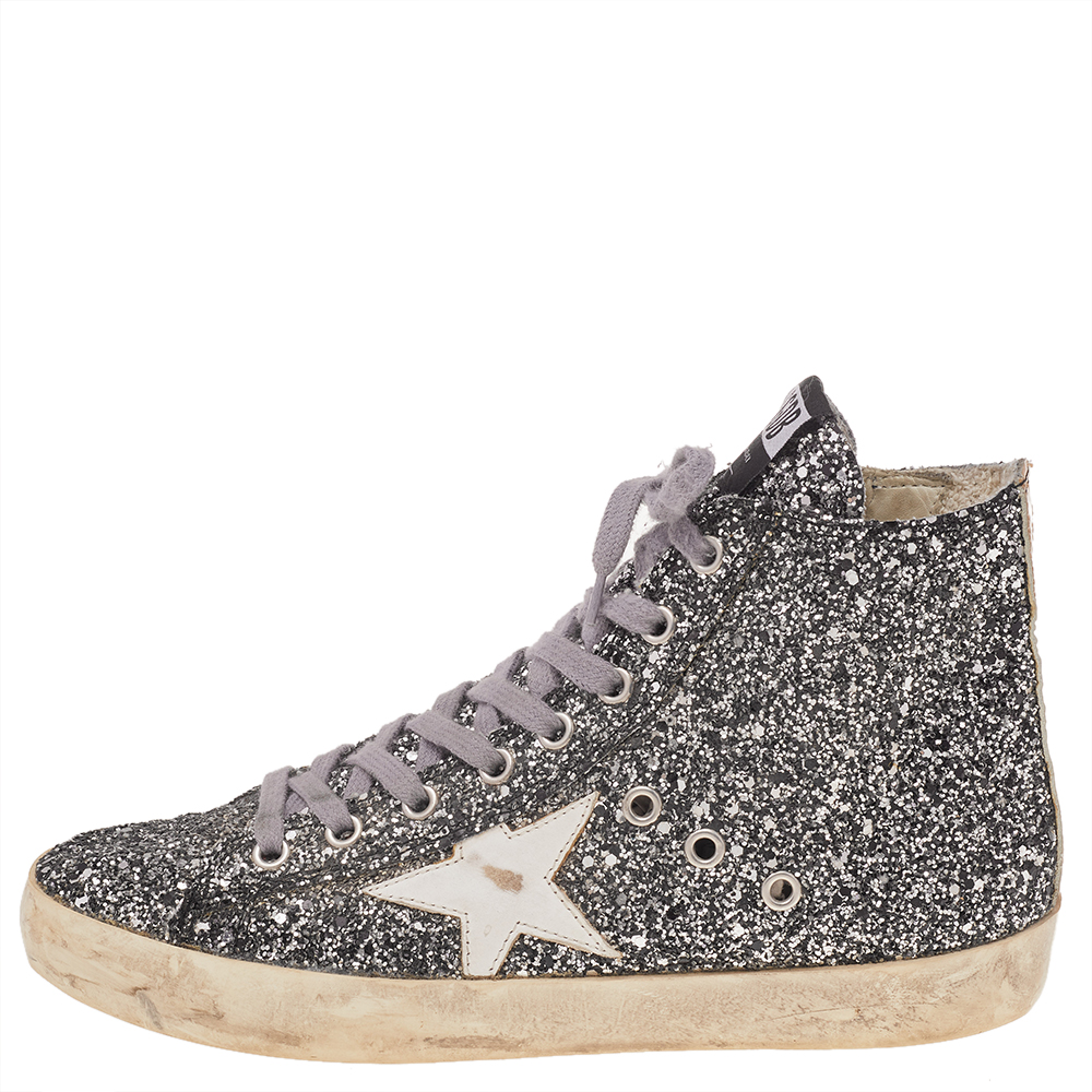 

Golden Goose Silver Glitter Fabric And Leather High Top Francy Sneakers Size