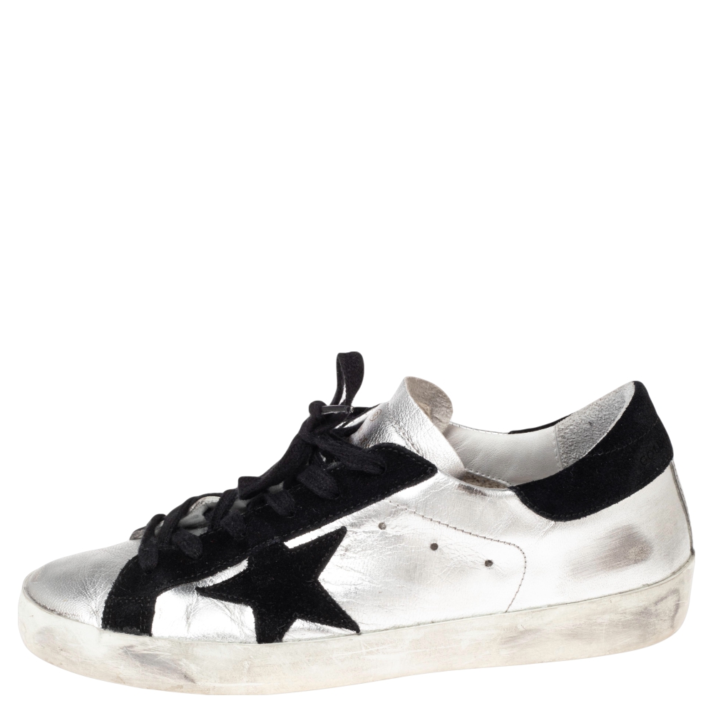 

Golden Goose Silver/Black Glossy Leather and Suede Superstar Sneakers Size