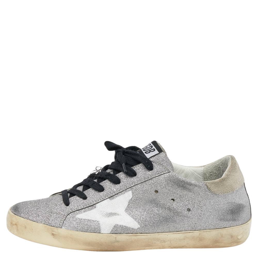 

Golden Goose Silver/Grey Glitter And Suede Super Star Low Top Sneakers Size
