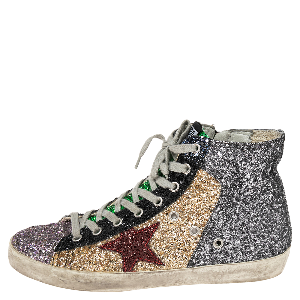 

Golden Goose Multicolor Coarse Glitter And Suede High Top Sneakers Size