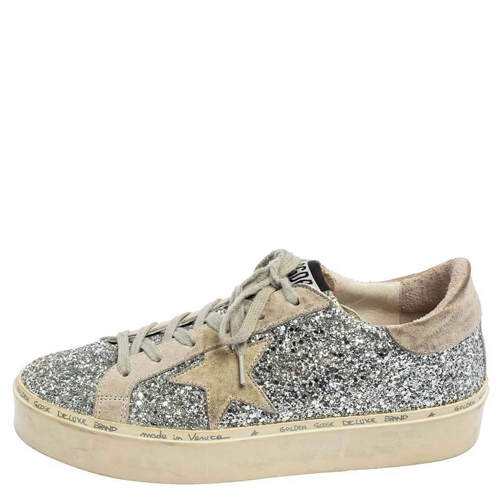 

Golden Goose Silver/Grey Glitter And Suede Super Star Low Top Sneakers Size