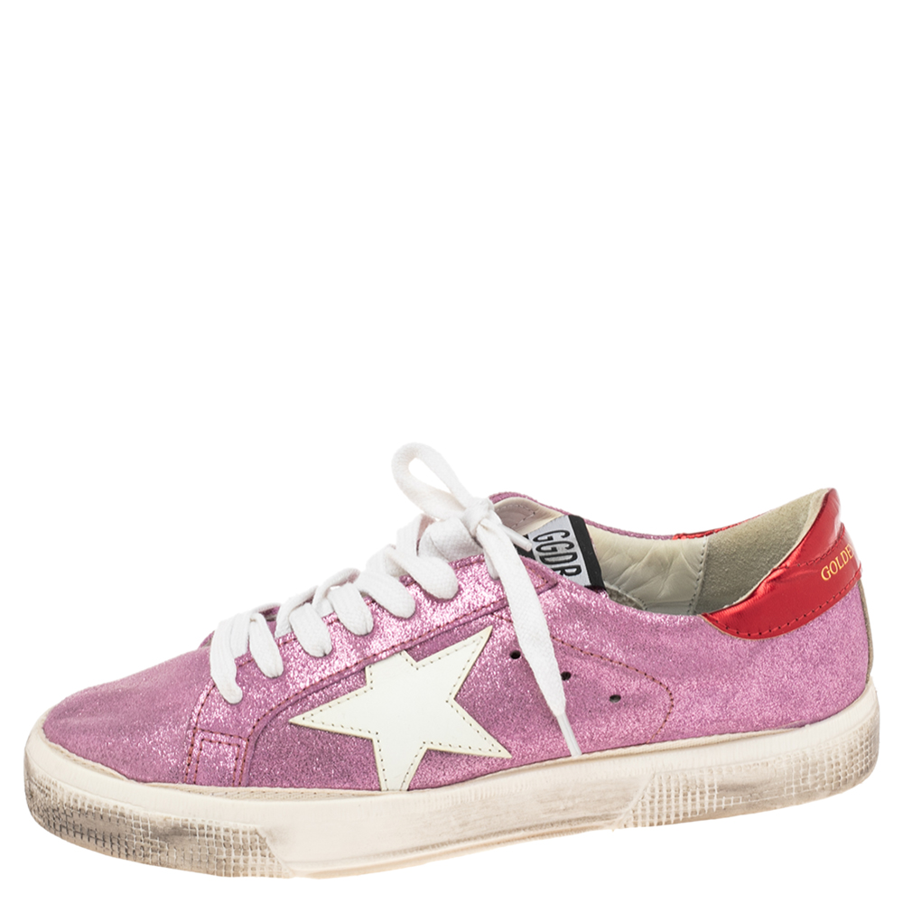 

Golden Goose Pink/Red Leather And Suede Super Star Low Top Sneakers Size