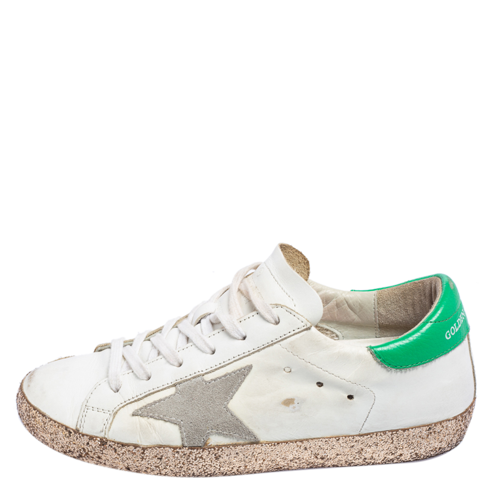

Golden Goose White/Green Leather and Suede Superstar Low-Top Sneakers Size