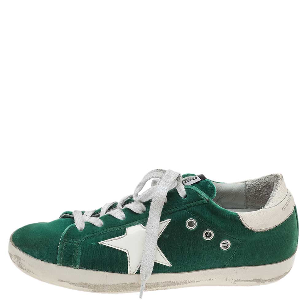 

Golden Goose Green/White Velvet And Leather Super Star Low Top Sneakers Size