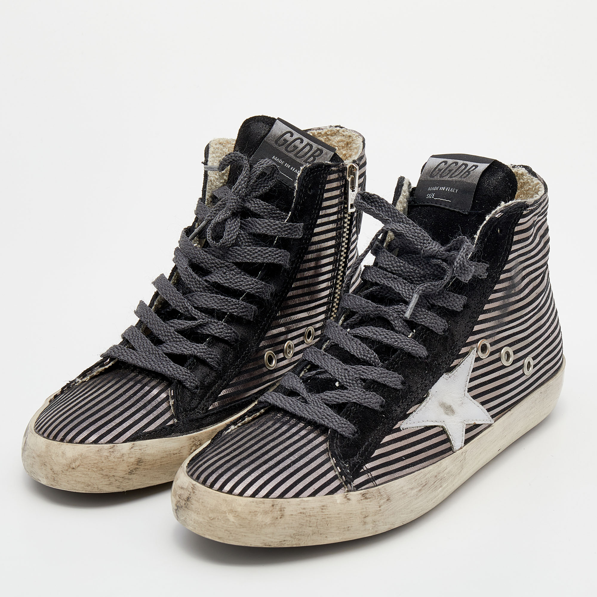 

Golden Goose Black/Metallic Stripe Suede Francy High Top Sneakers Size