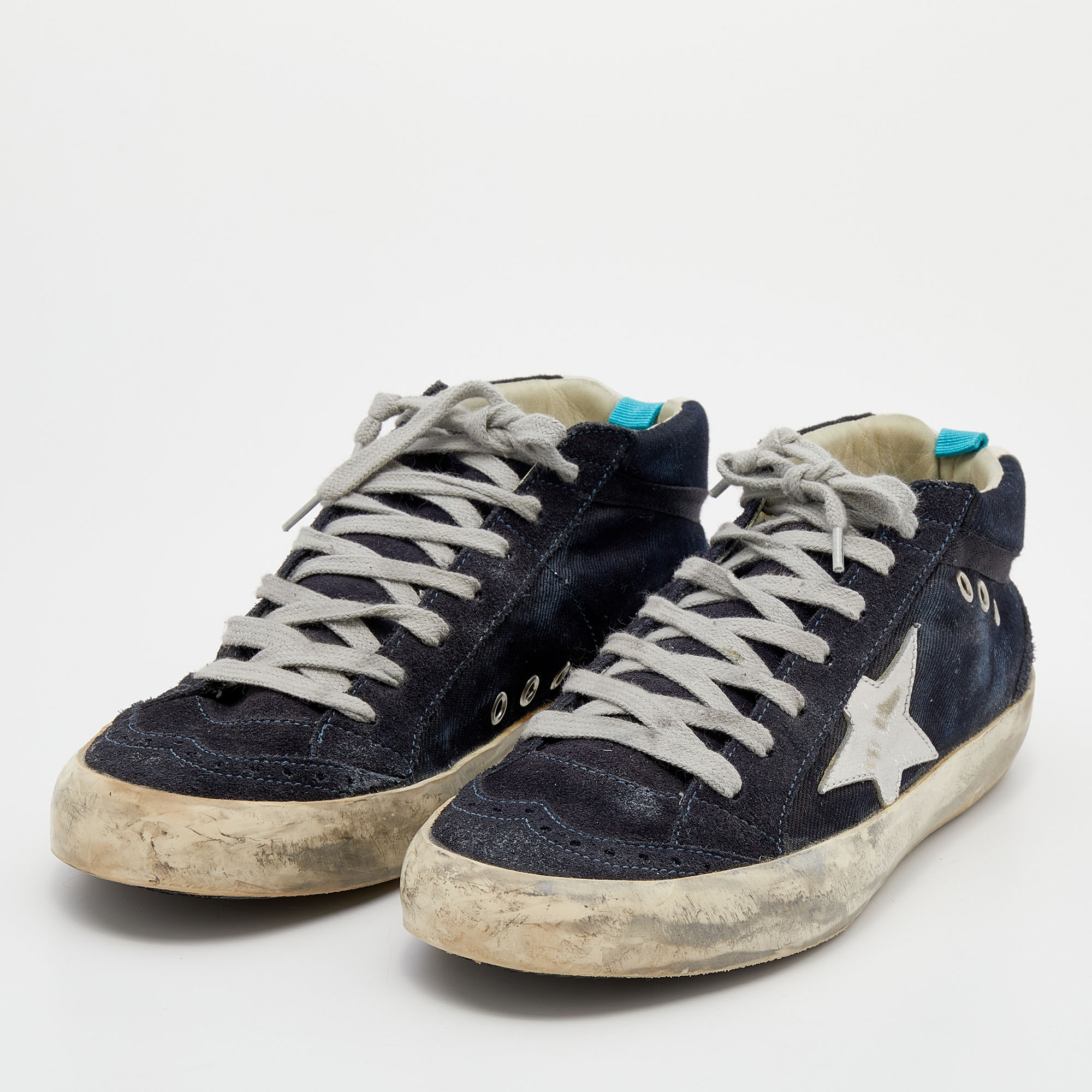

Golden Goose Navy Blue Suede And Denim Mid Star Sneakers Size