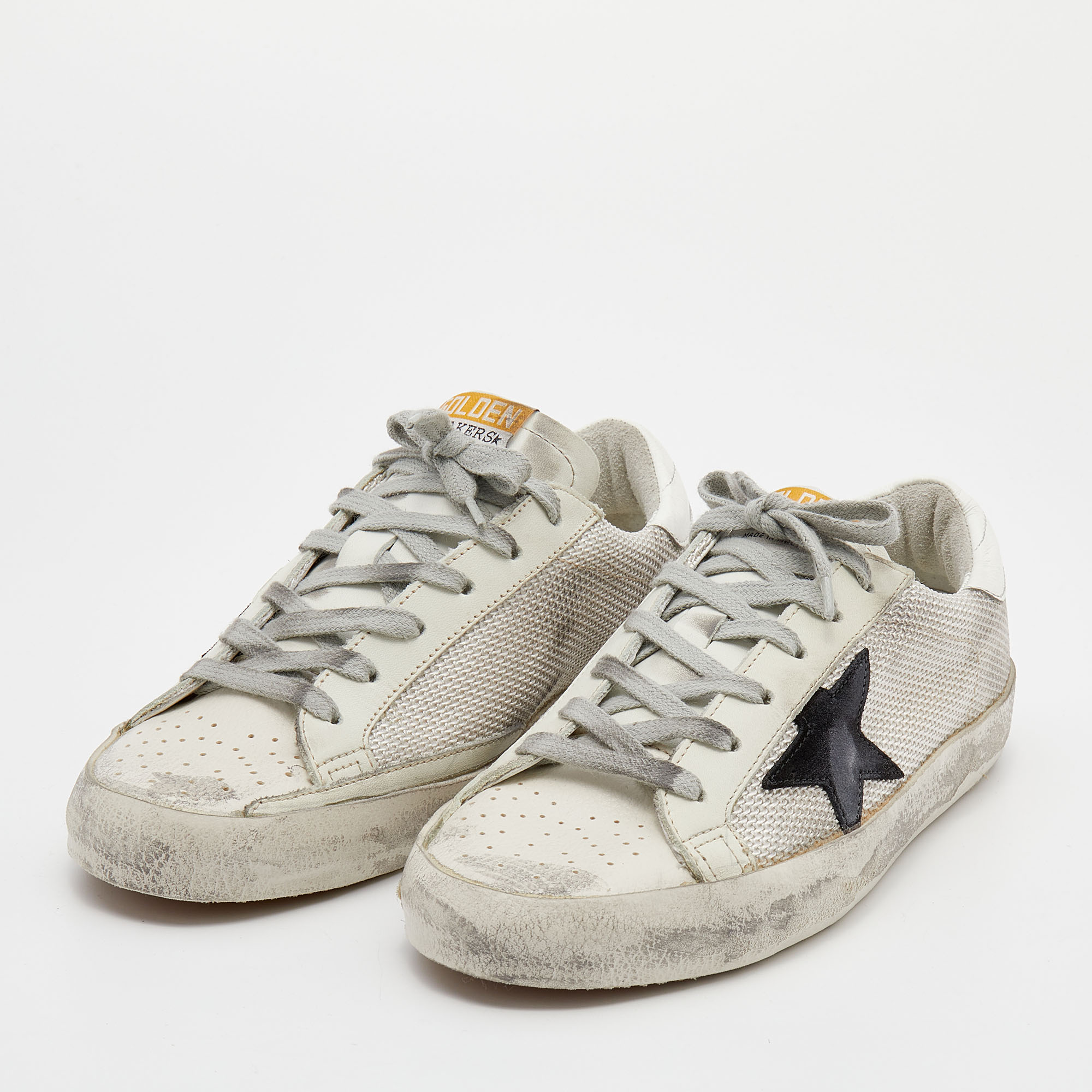 

Golden Goose White Leather And Woven Fabric Superstar Low Top Sneakers Size