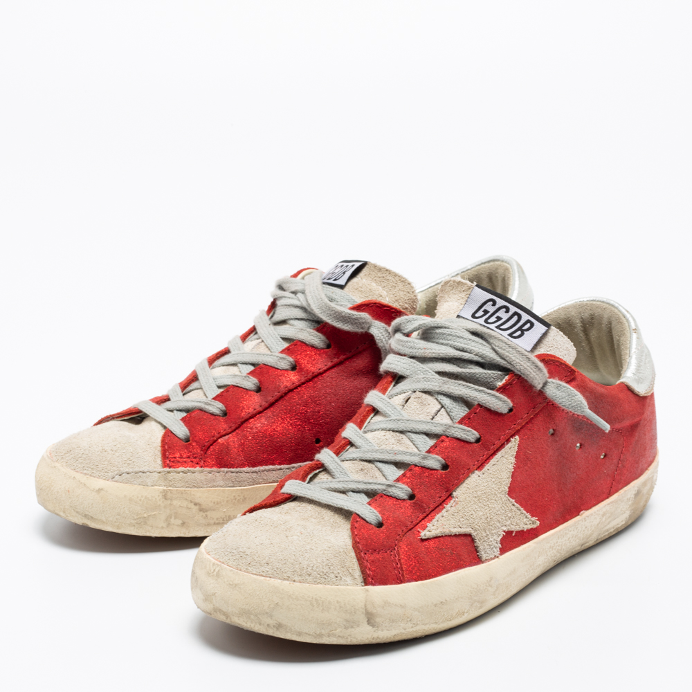 

Golden Goose Red/Grey Suede And Leather Superstar Low Top Sneakers Size