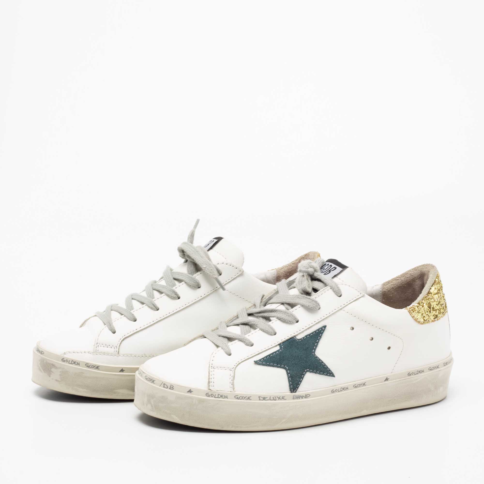 

Golden Goose White/Yellow Leather and Glitter Hi Star Low-Top Sneakers Size