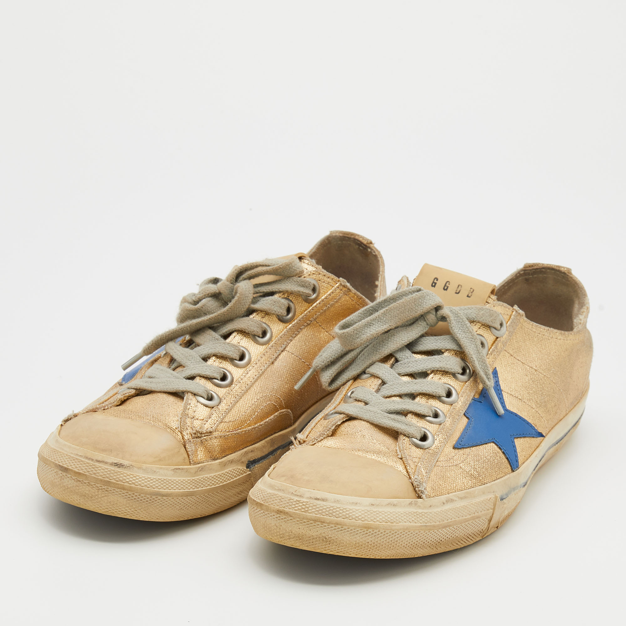 

Golden Goose Metallic Gold/Blue Canvas And Leather V-Star Low Top Sneakers Size