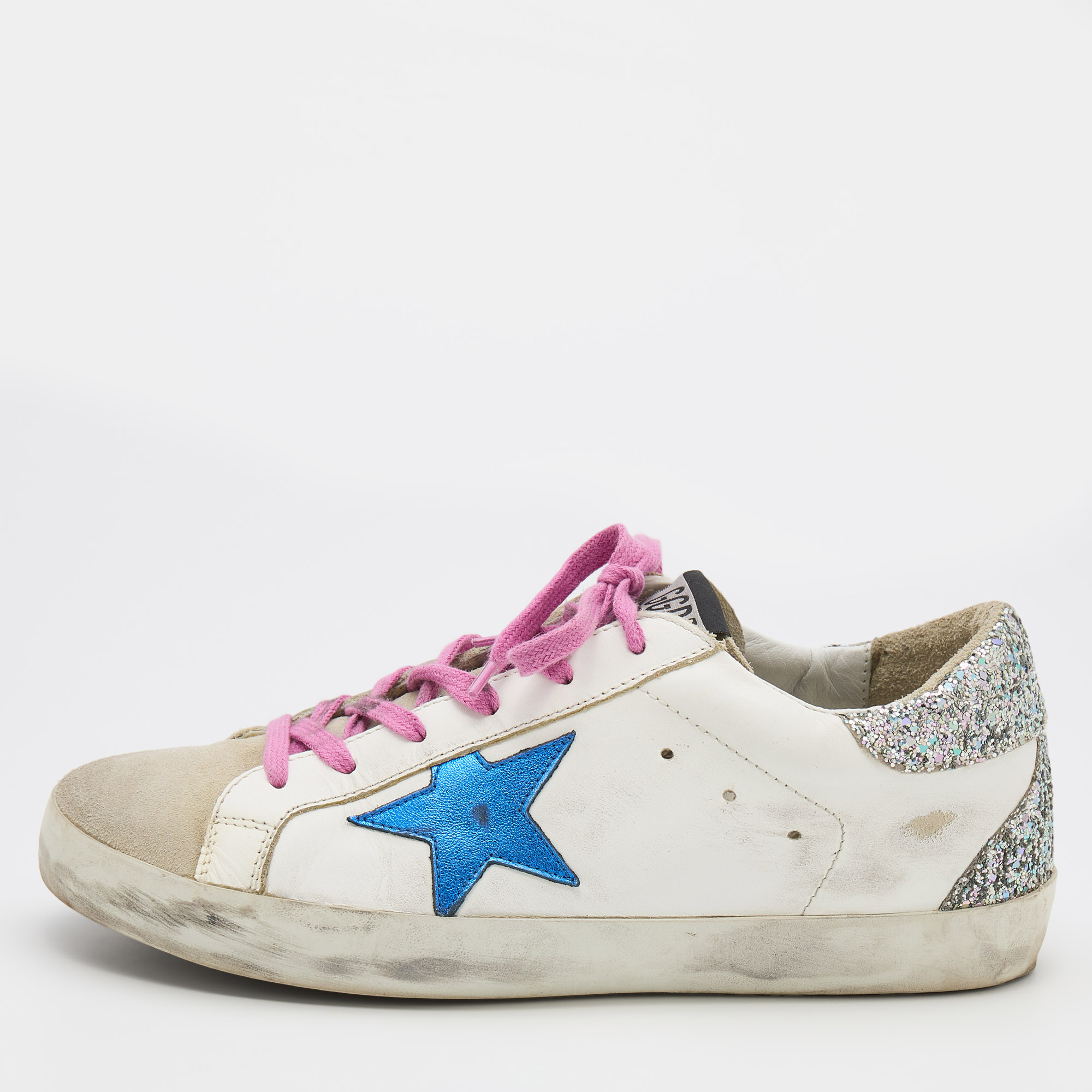 Pre Owned Golden Goose White/Grey Leather And Suede Super Star Low Top Sneakers Size 39
