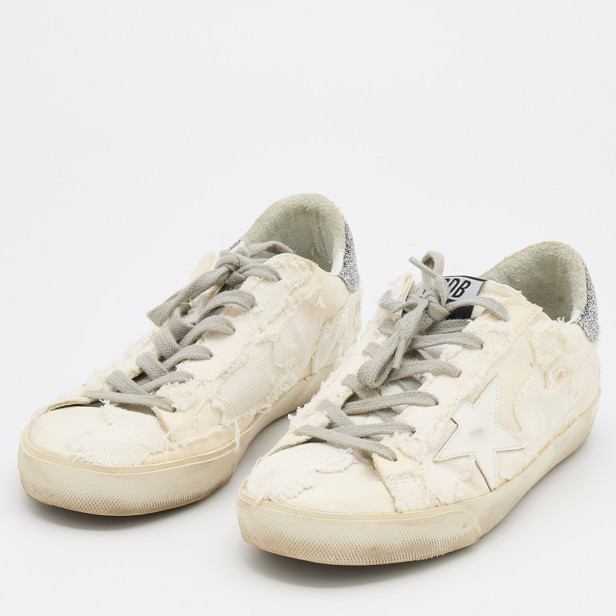 

Golden Goose Milk White Beige Canvas Crystal Heel Super Star Classic Sneakers Size