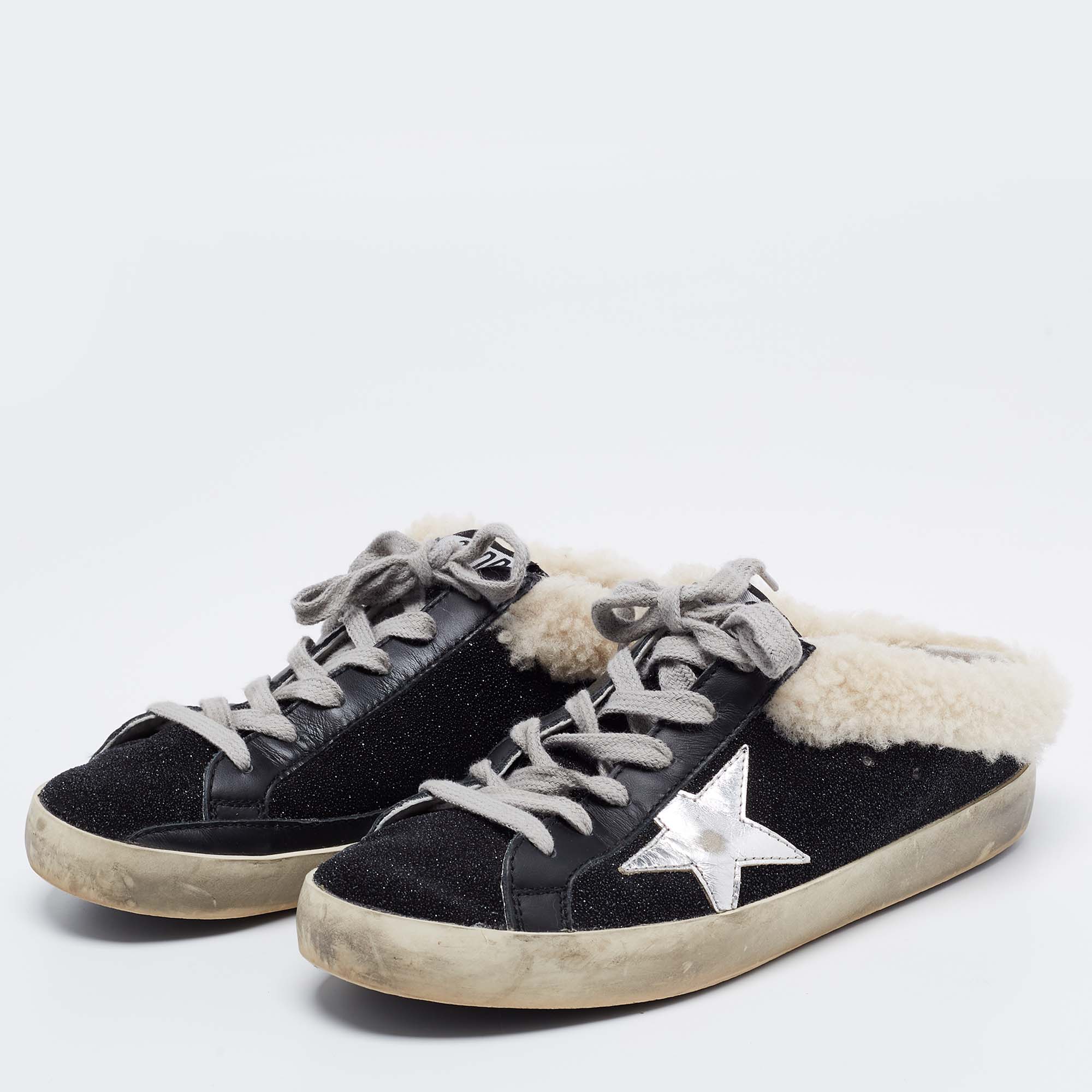 

Golden Goose Black Leather and Shearling Super Star Sneakers Size