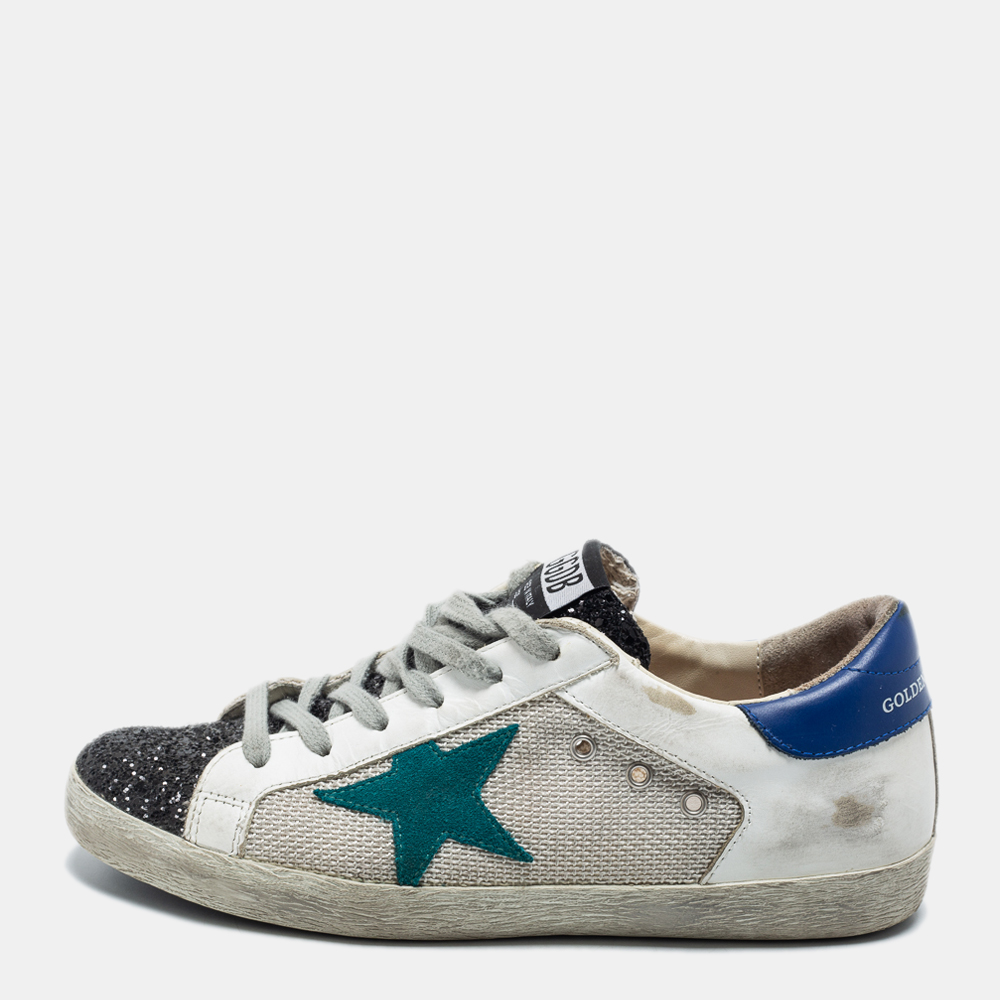 Pre Owned Golden Goose Tricolor Leather, Coarse Glitter and Mesh Super Star Sneakers Size 37
