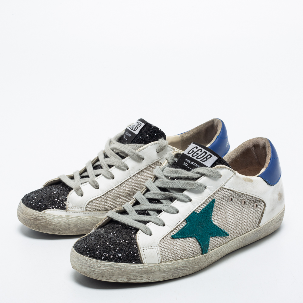 

Golden Goose Tricolor Leather, Coarse Glitter and Mesh Super Star Sneakers Size, White