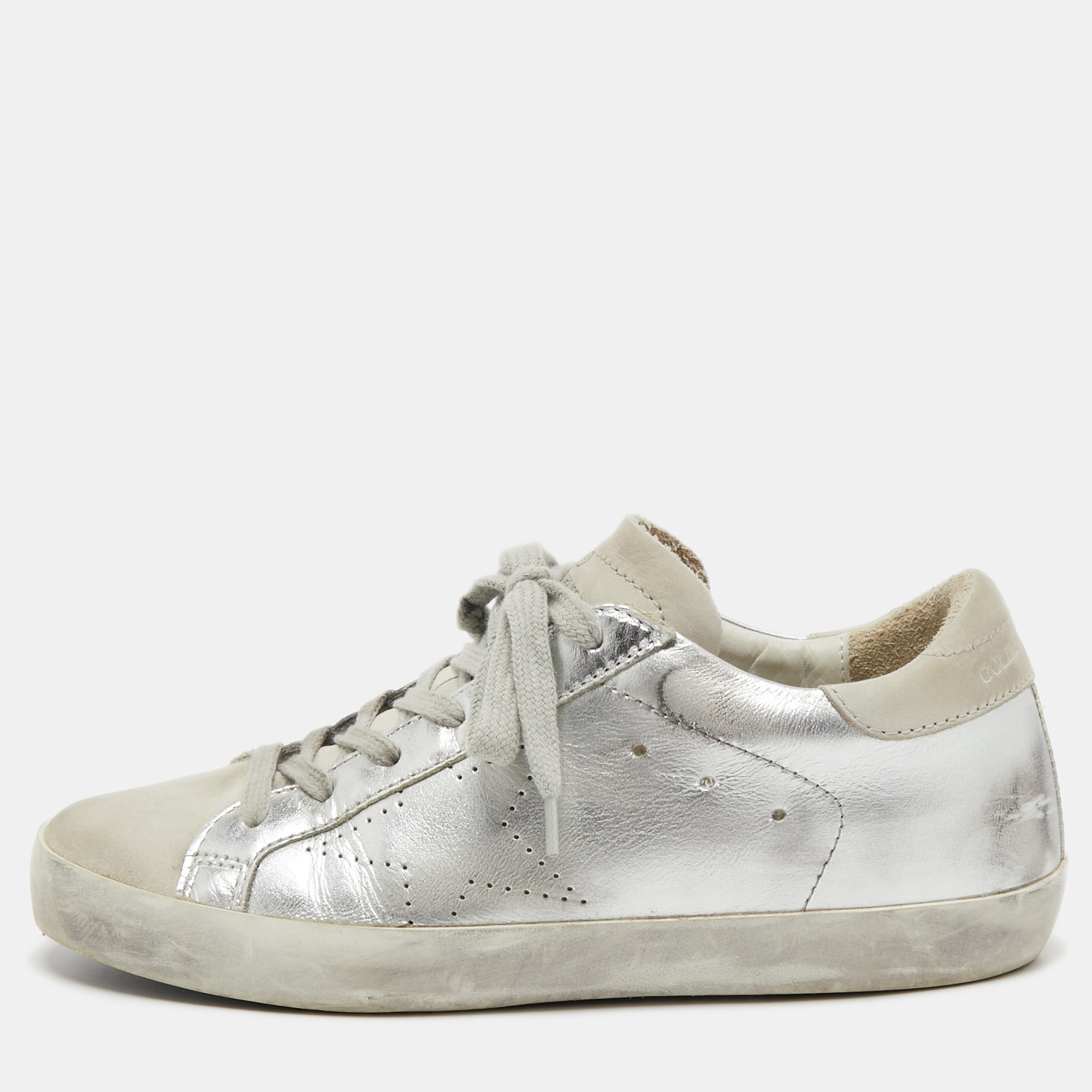 Pre Owned Golden Goose Silver/White Leather and Suede Superstar Sneakers Size 36