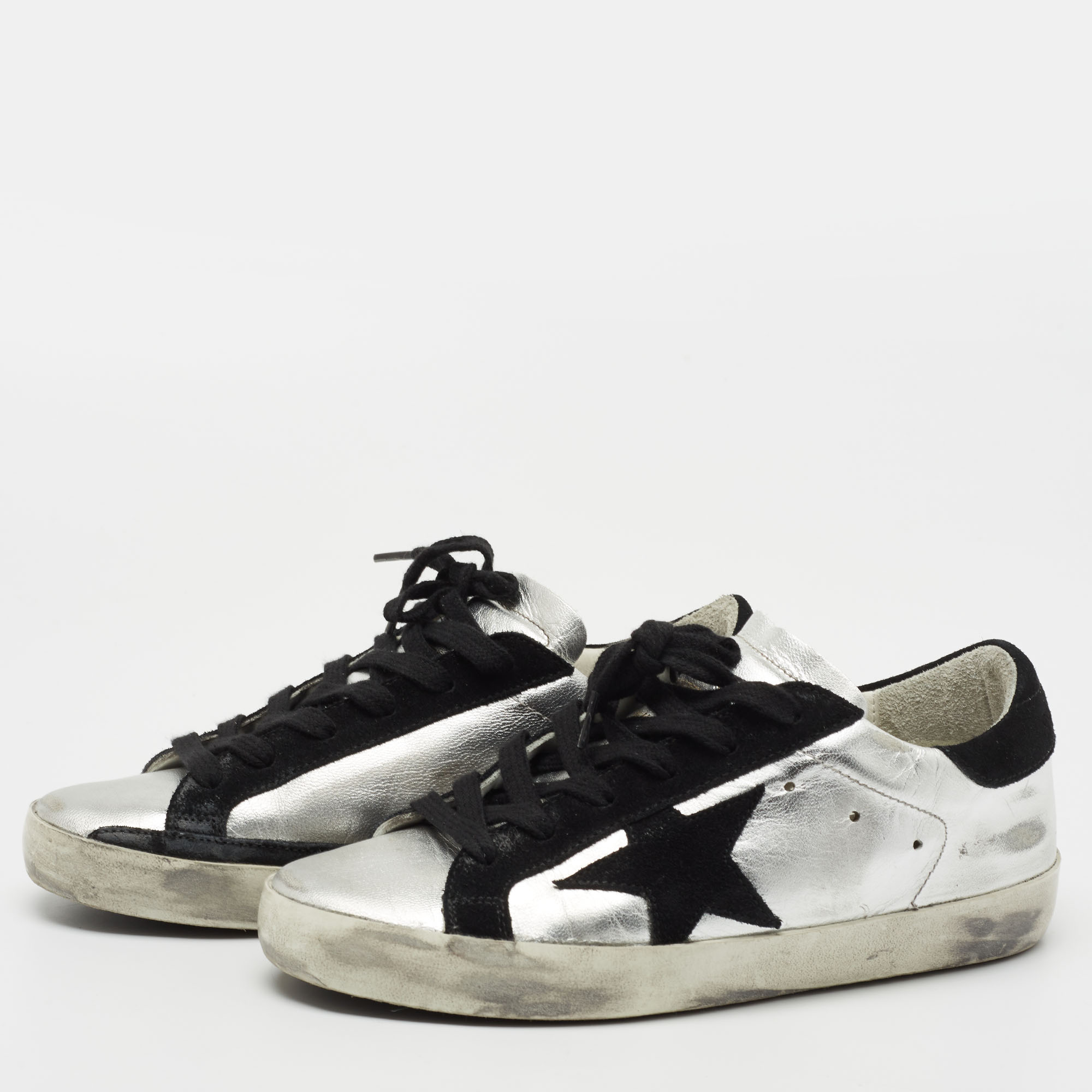 

Golden Goose Silver/Black Leather and Suede Hi Star Sneakers Size