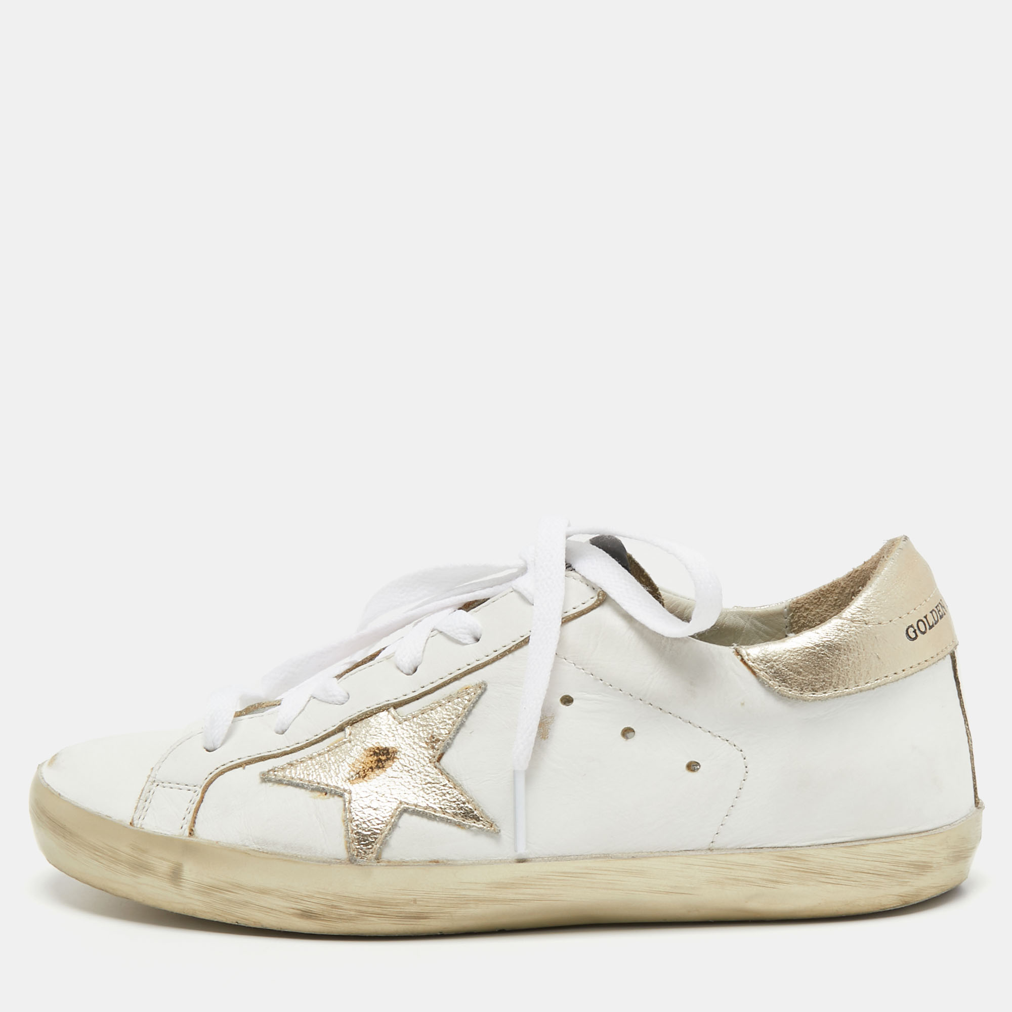 Pre Owned Golden Goose White/Gold Leather Superstar Sneakers Size 38