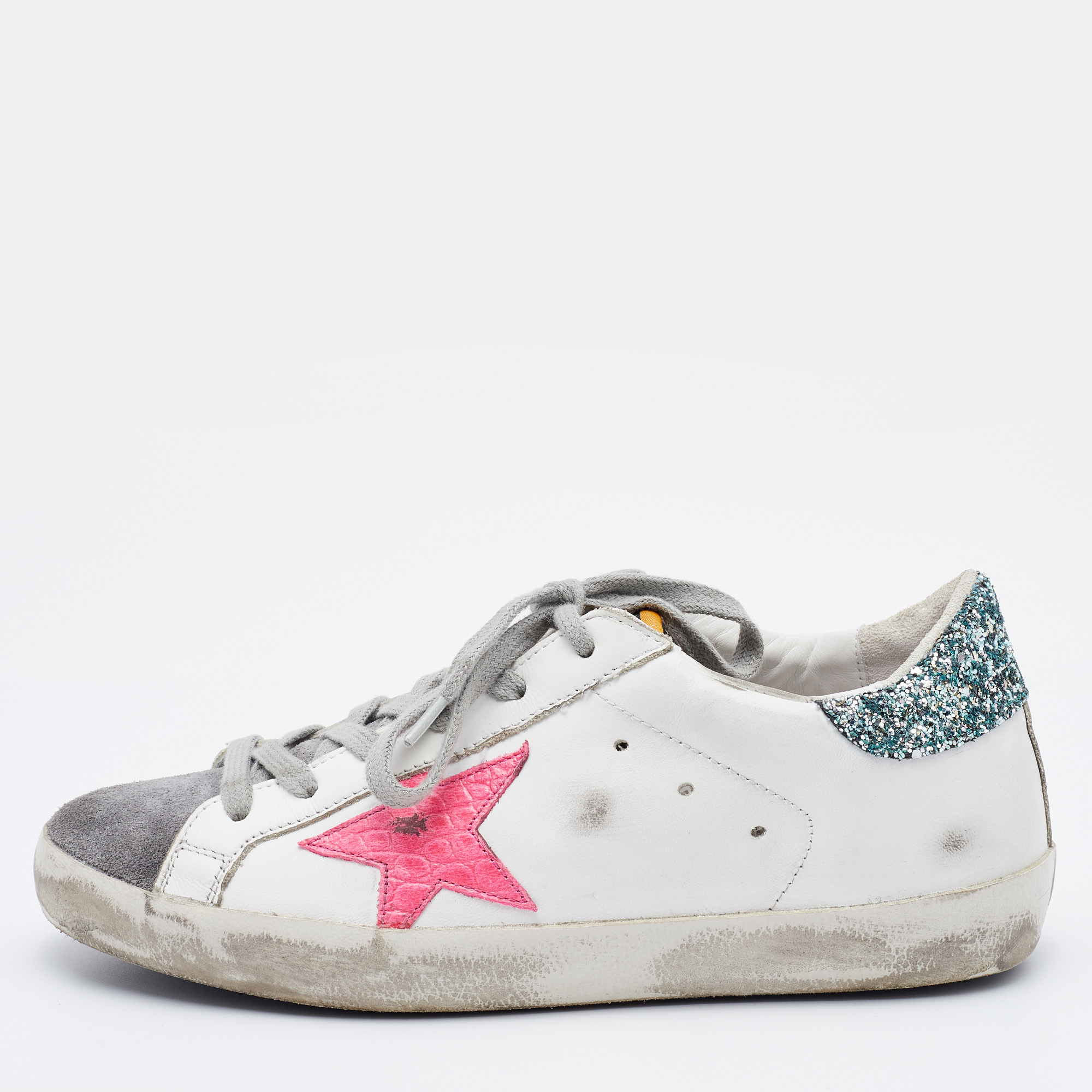 Golden Goose White/Grey Leather and Suede Super Star Low Top Sneakers Size 37