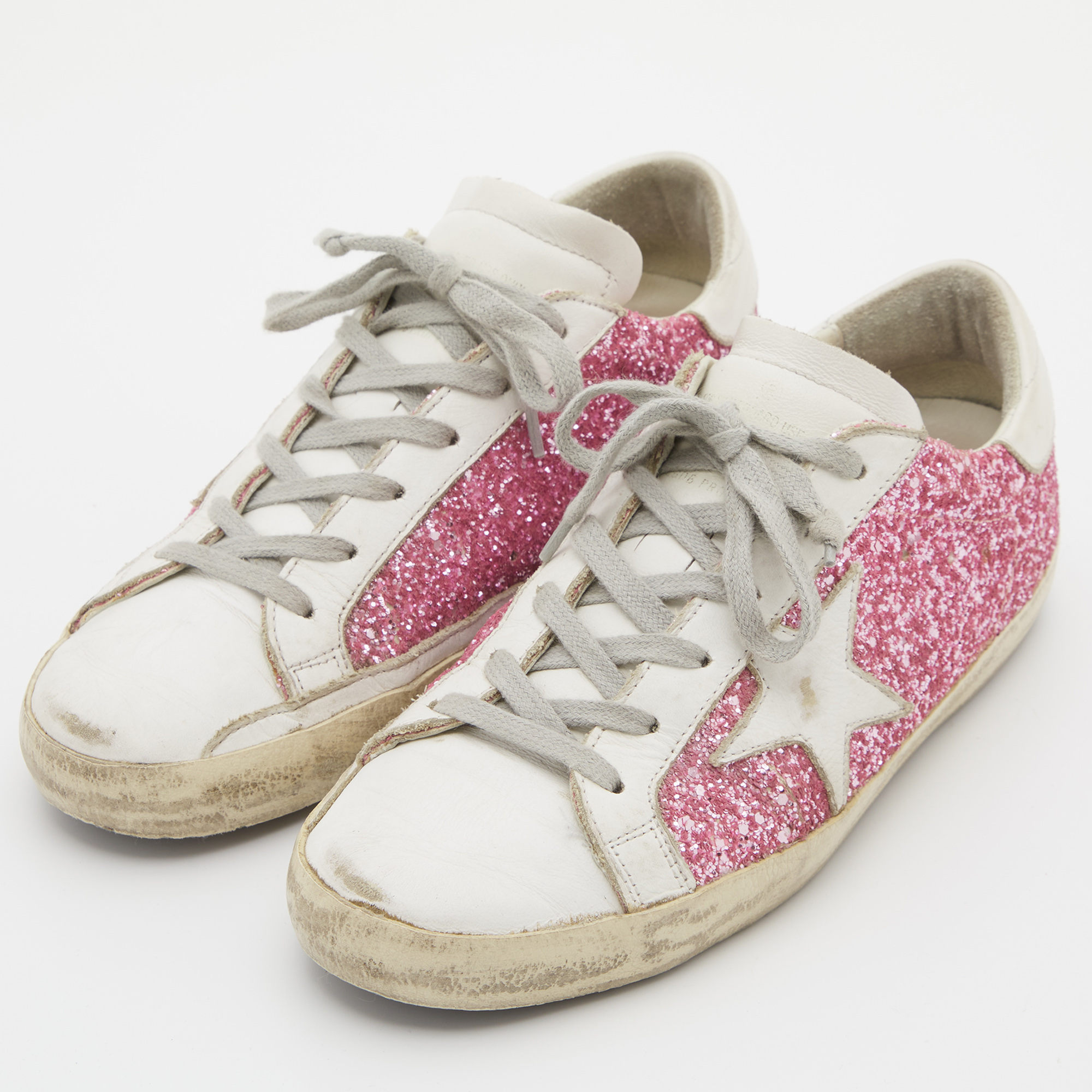 

Golden Goose White/Pink Leather and Glitter Super Star Applique Sneakers Size