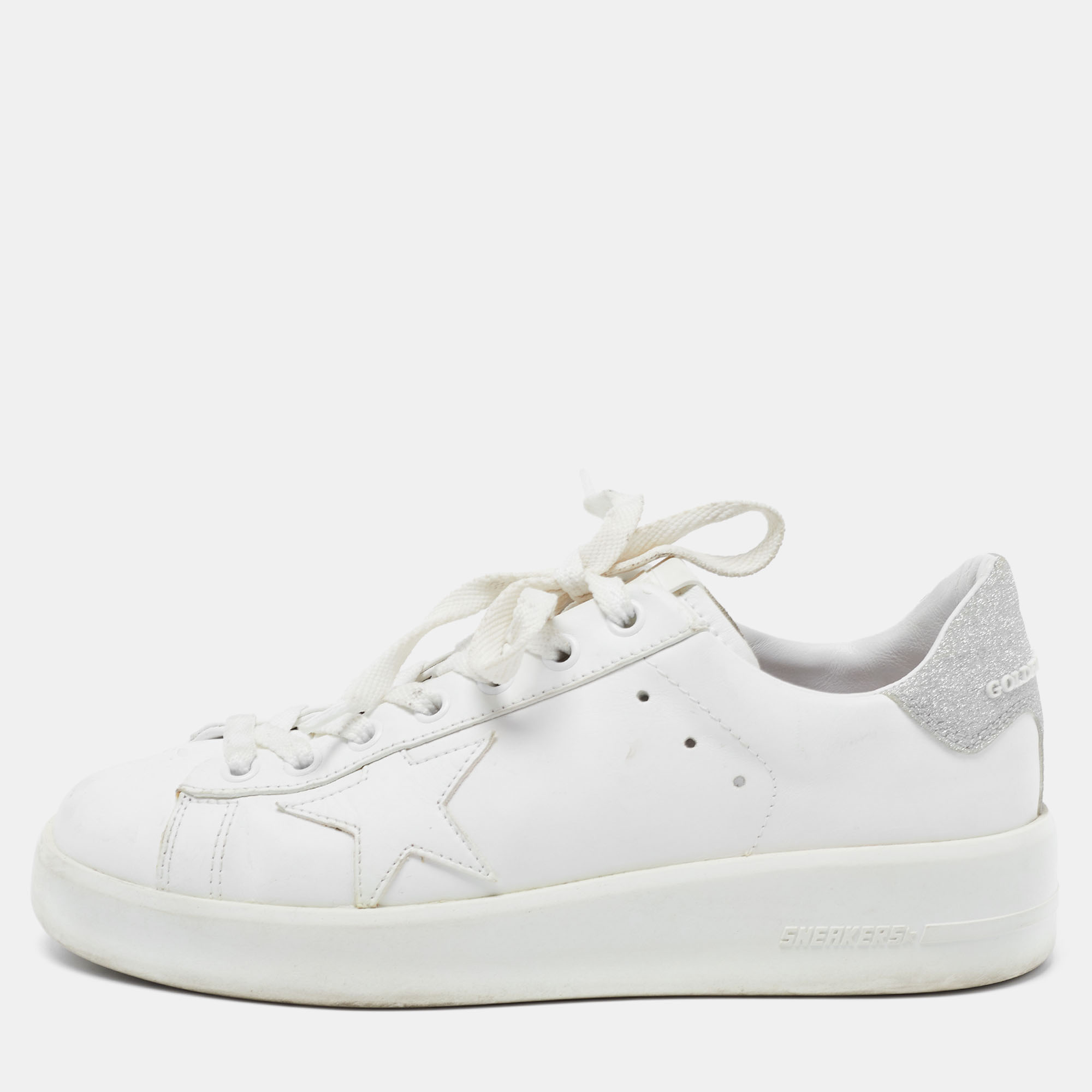 Pre Owned Golden Goose White/Silver Leather and Glitter Purestar Sneakers Size 36
