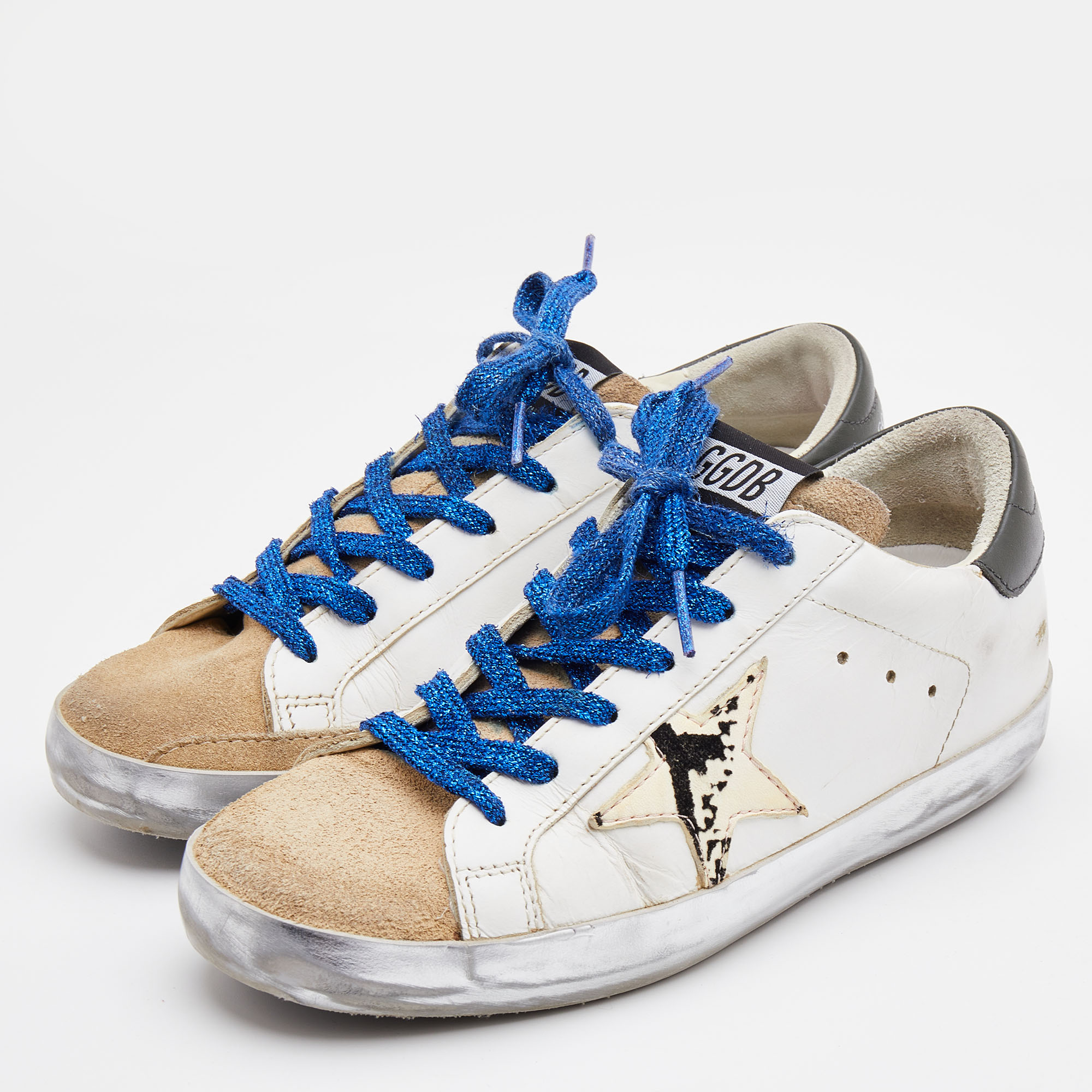 

Golden Goose White/Brown Leather and Suede Super Star Low Top Sneakers Size