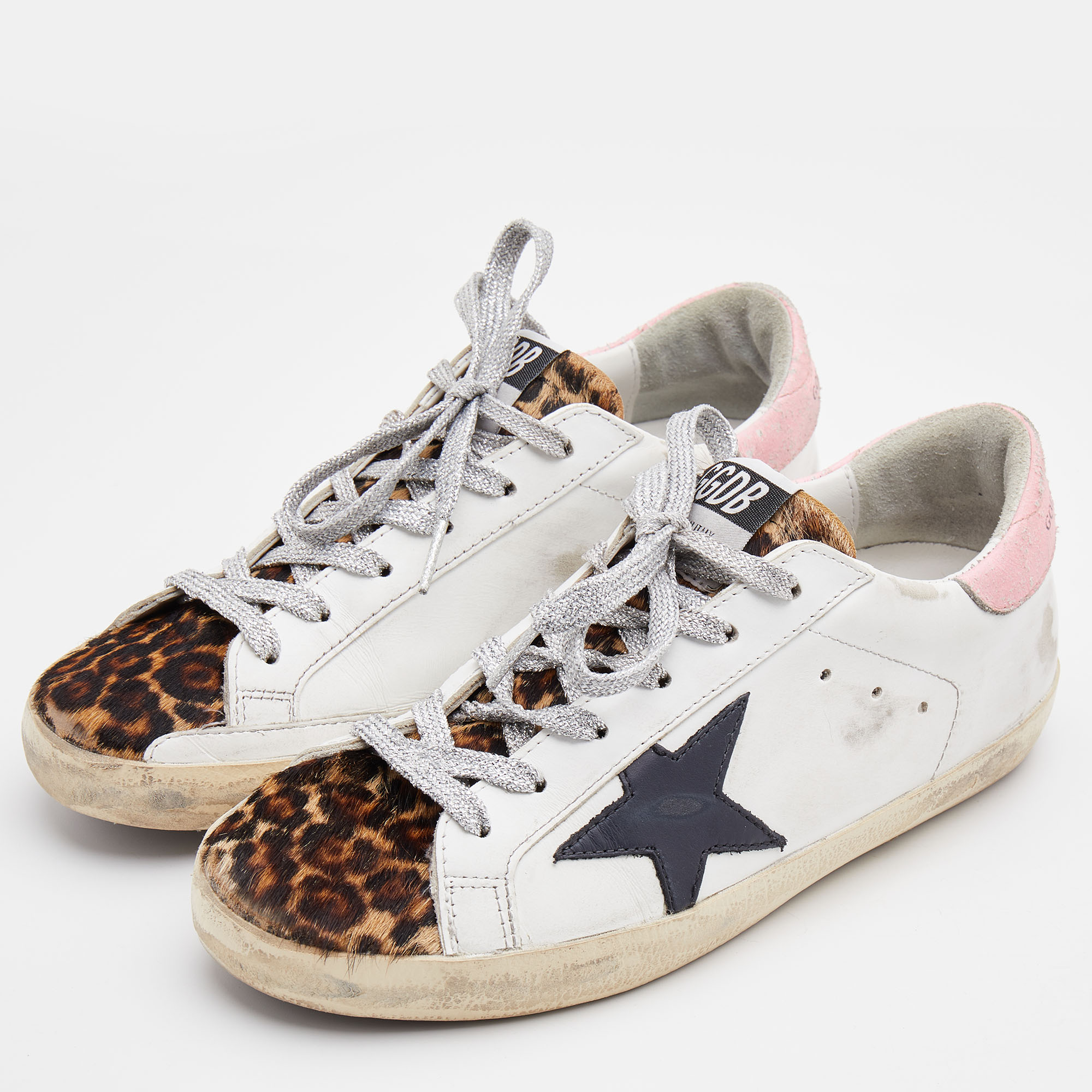 

Golden Goose White/Pink Leather and Leopard Print Calf Hair Hi Star Sneakers Size