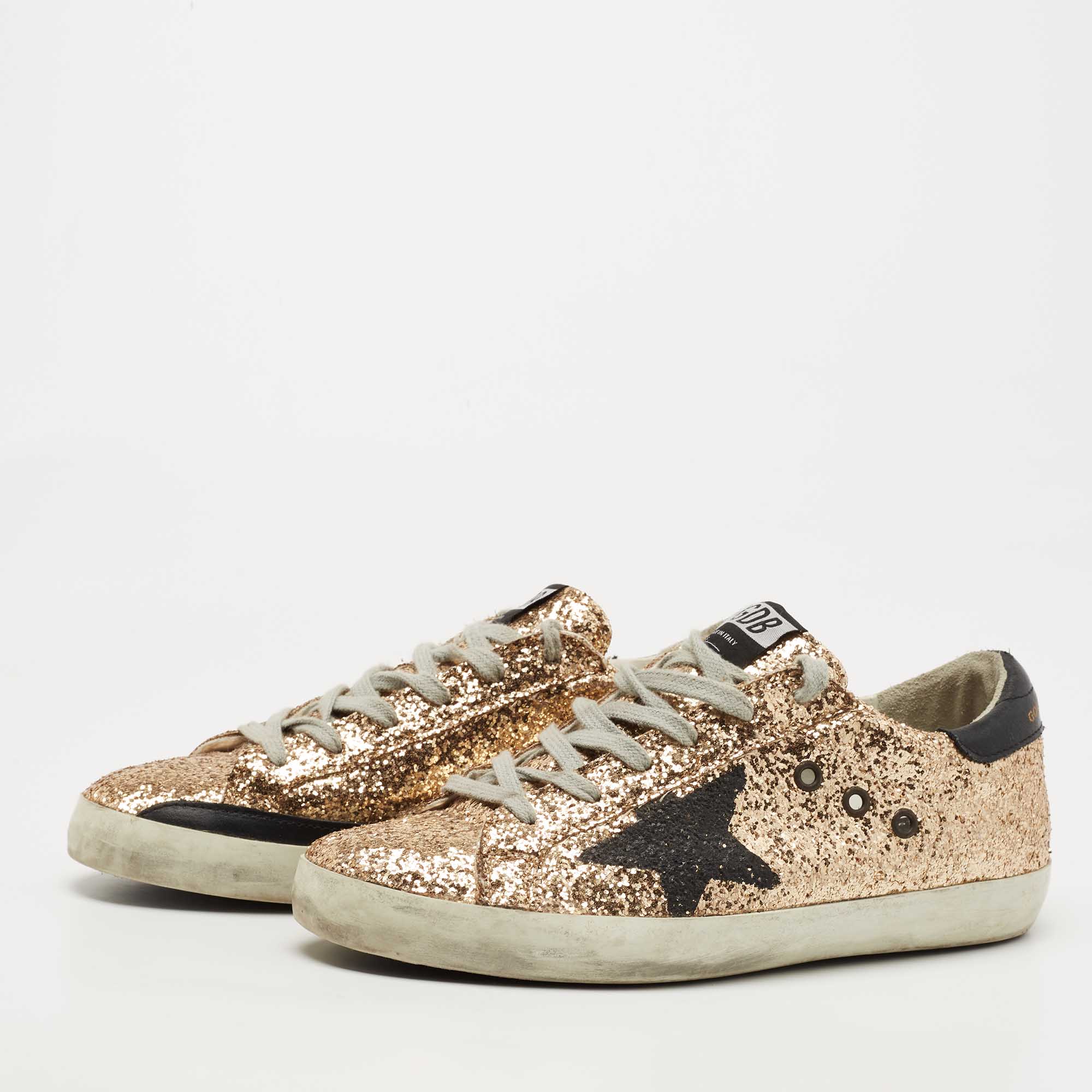 

Golden Goose Metallic Gold Glitter and Leather Superstar Sneakers Size