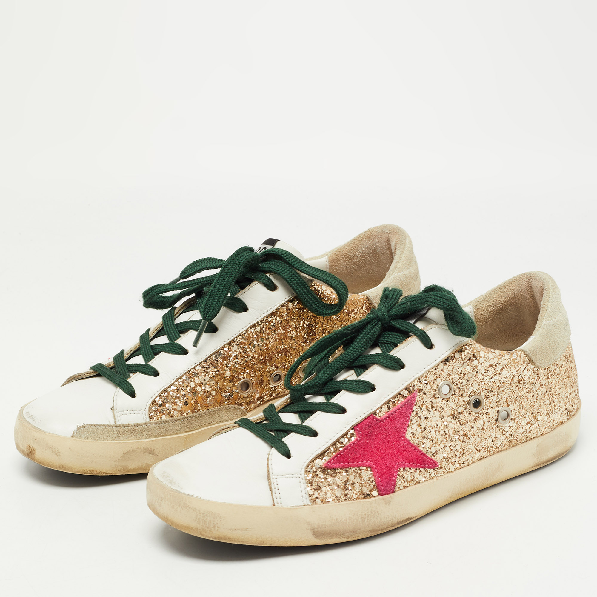 Golden Goose White/Gold Coarse Glitter and Leather Hi Star 