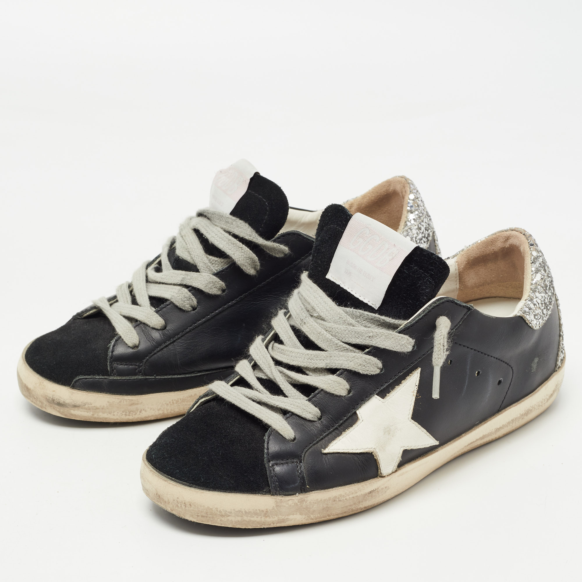 

Golden Goose Black/Silver Leather and Glitter Super Star Sneakers Size