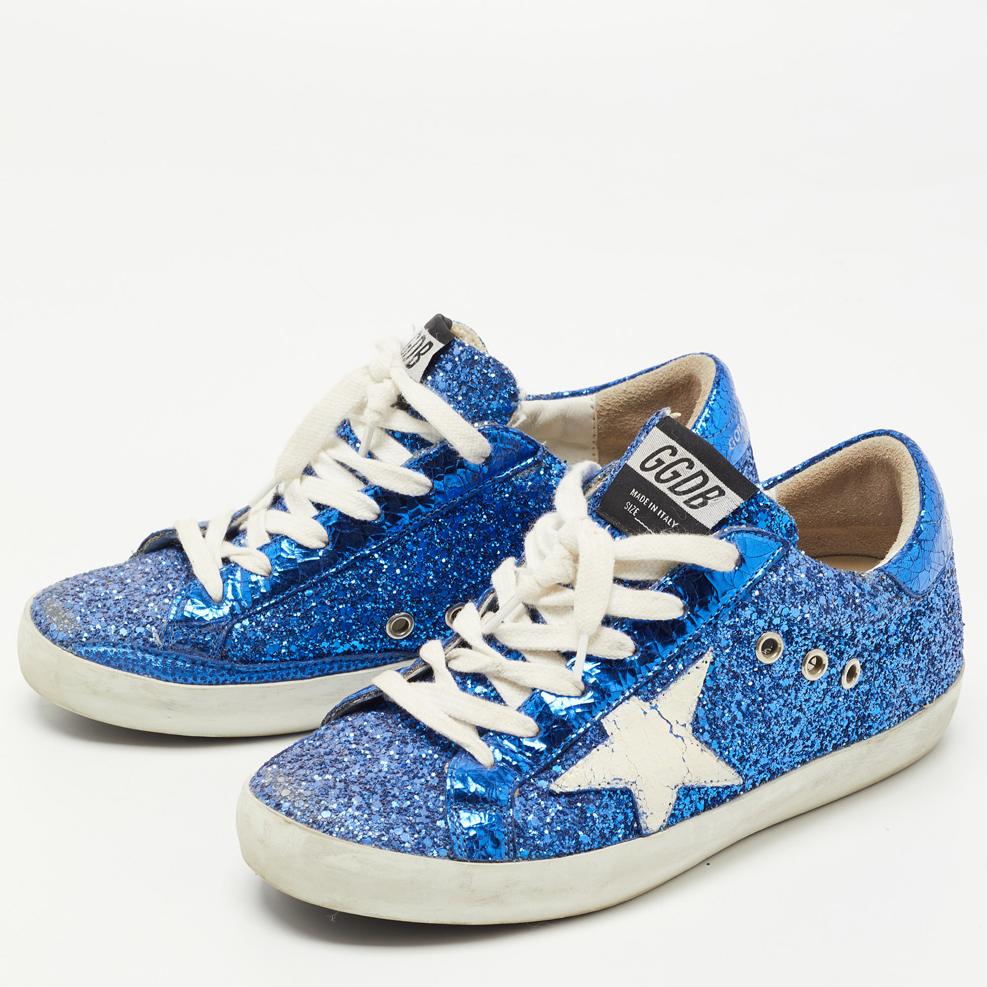 

Golden Goose Blue Glitter and Leather Superstar Low Top Sneakers Size