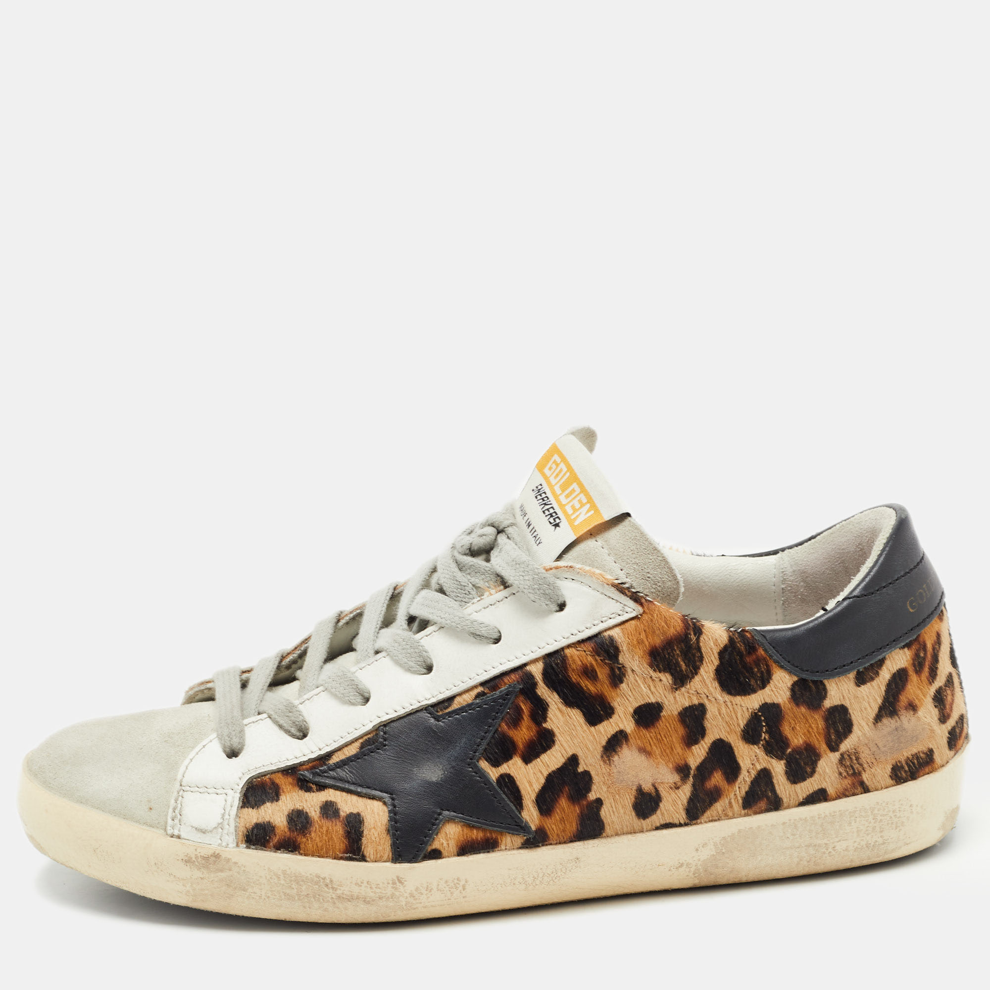 Golden Goose Tricolor Leopard Print Calf Hair and Leather Superstar Sneakers Size 38