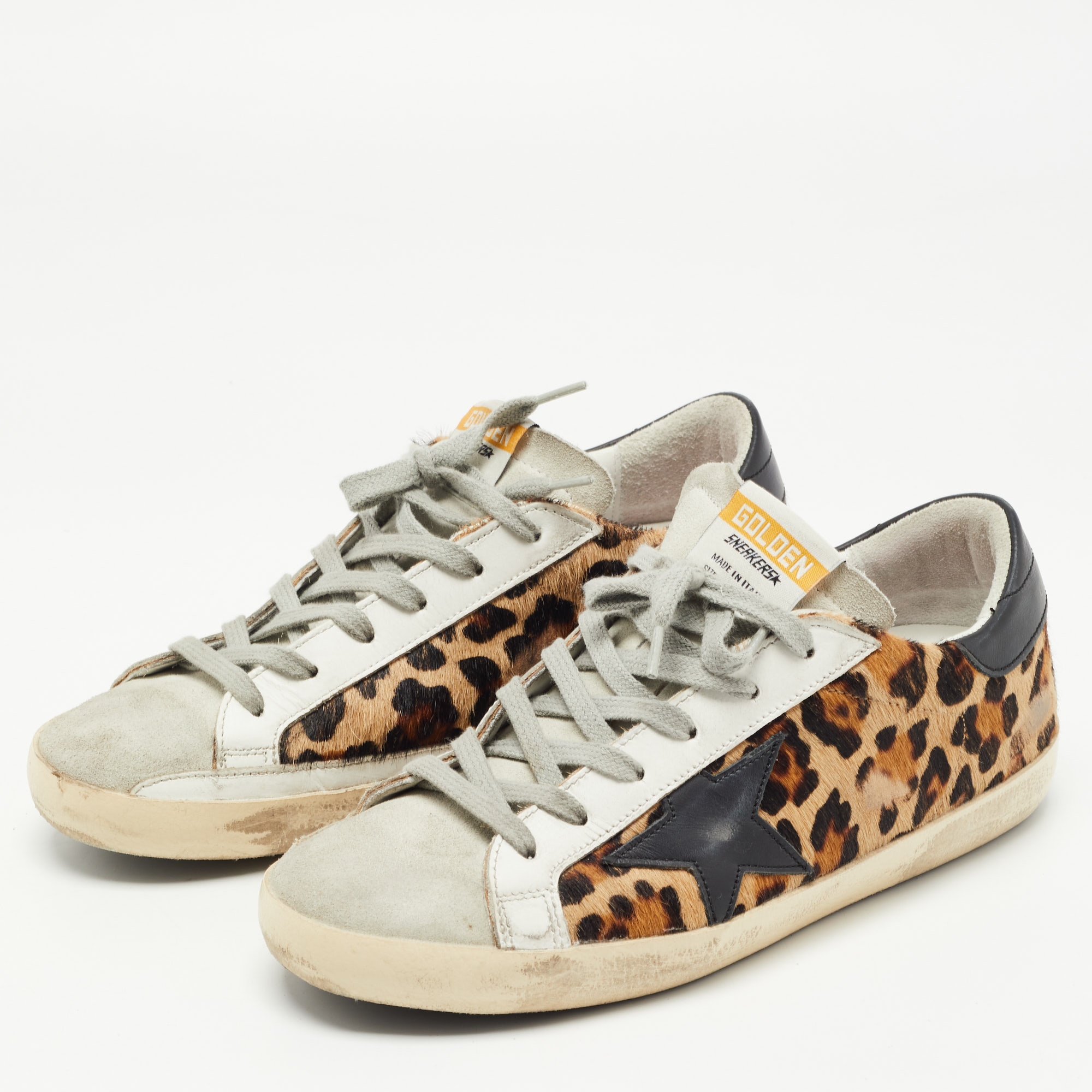 

Golden Goose Tricolor Leopard Print Calf Hair and Leather Superstar Sneakers Size, Brown